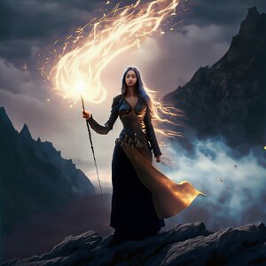 Firefly_beautiful+female wizard standing over a mountain with wand and sparks, dark clouds, re...jpg