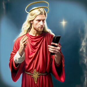 Firefly_British+looking blond haired jesus man, in a red robe, with golden halo, holding a cel...jpg