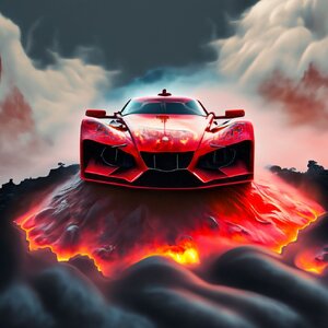 Firefly_Double+exposure, red race car with headlights on and floating on a bed of lava, clouds...jpg