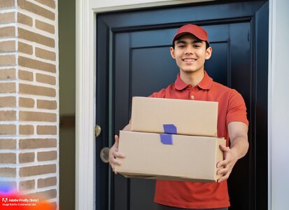 Firefly_handsome+young delivery man smiling with package at front door_photo_97758.jpg