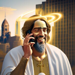 Firefly_jesus+man talking on cell phone, smiling, gold halo over head, city in background soft...jpg