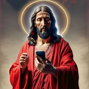 Firefly_Nor+eastern jesus with halo in a red robe, holding a cell phone._photo,hyper_realistic...jpg