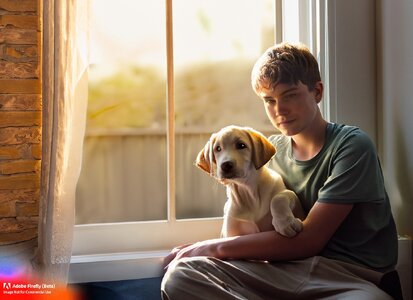 Firefly_Teenage+boy sitting at a window holding a yellow lab puppy, late afternoon hazy warm s...jpg