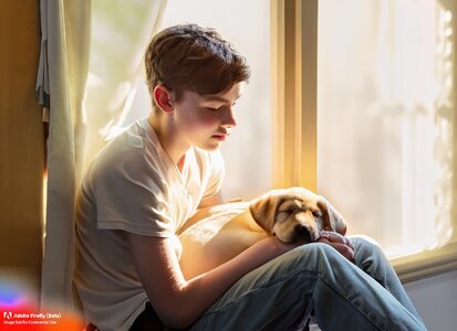 Firefly_Teenage+boy sitting at a window holding a yellow lab puppy, puppy is sleeping, late af...jpg