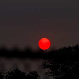 Red moon in a hazy sky