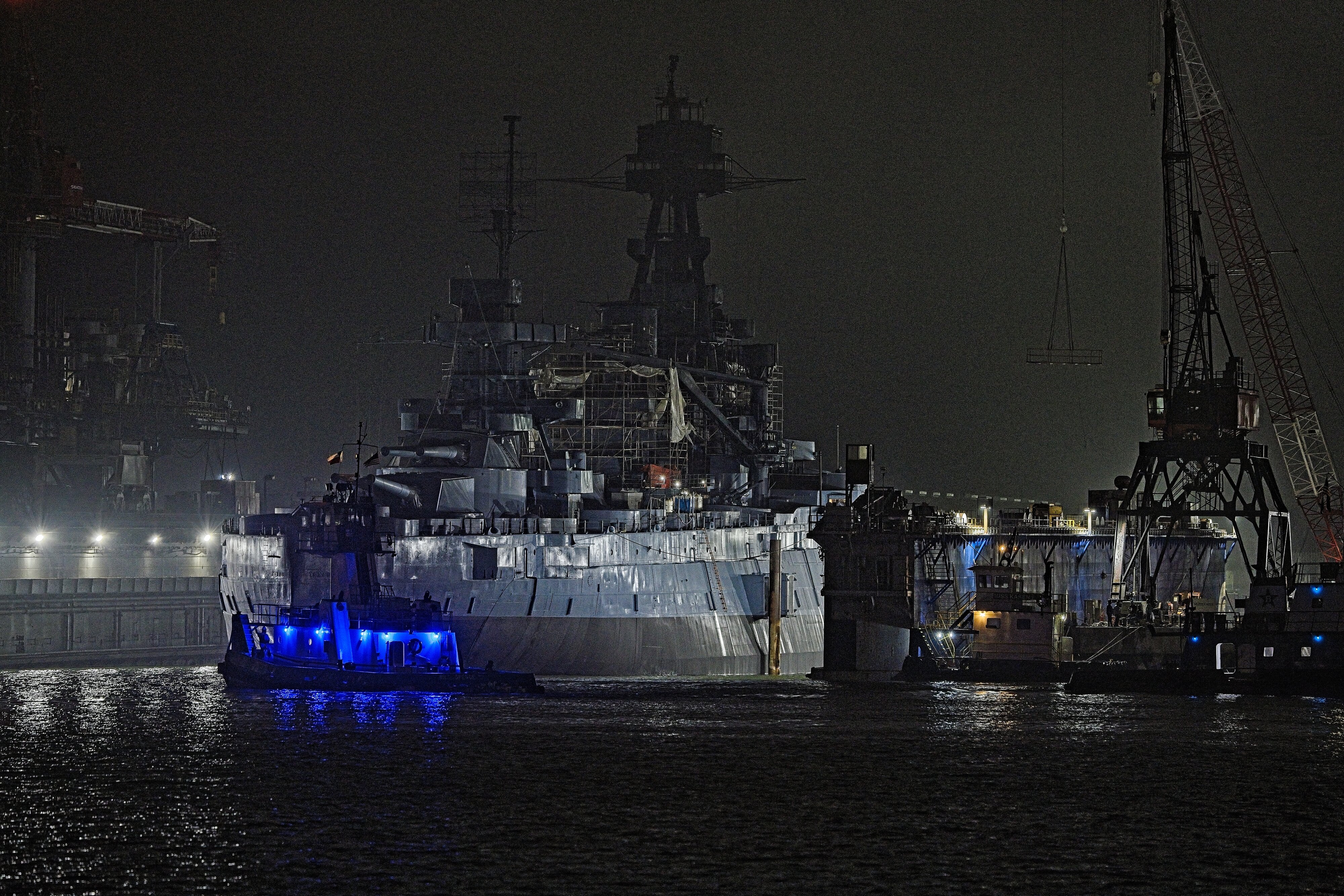Battleship Texas in floating dry dock