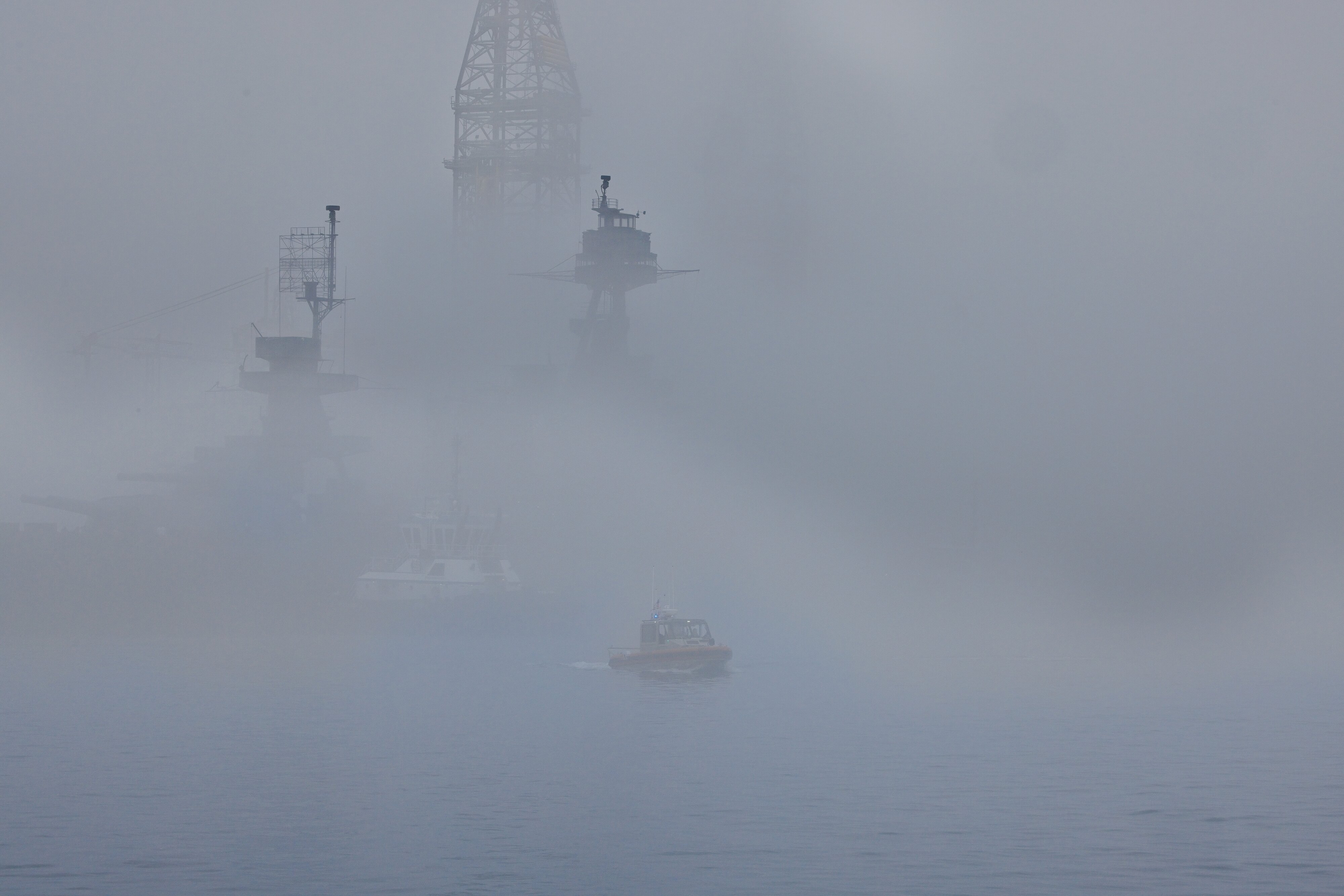BB-35 Texas enveloped in sea fog in Gulf Copper Shipyard