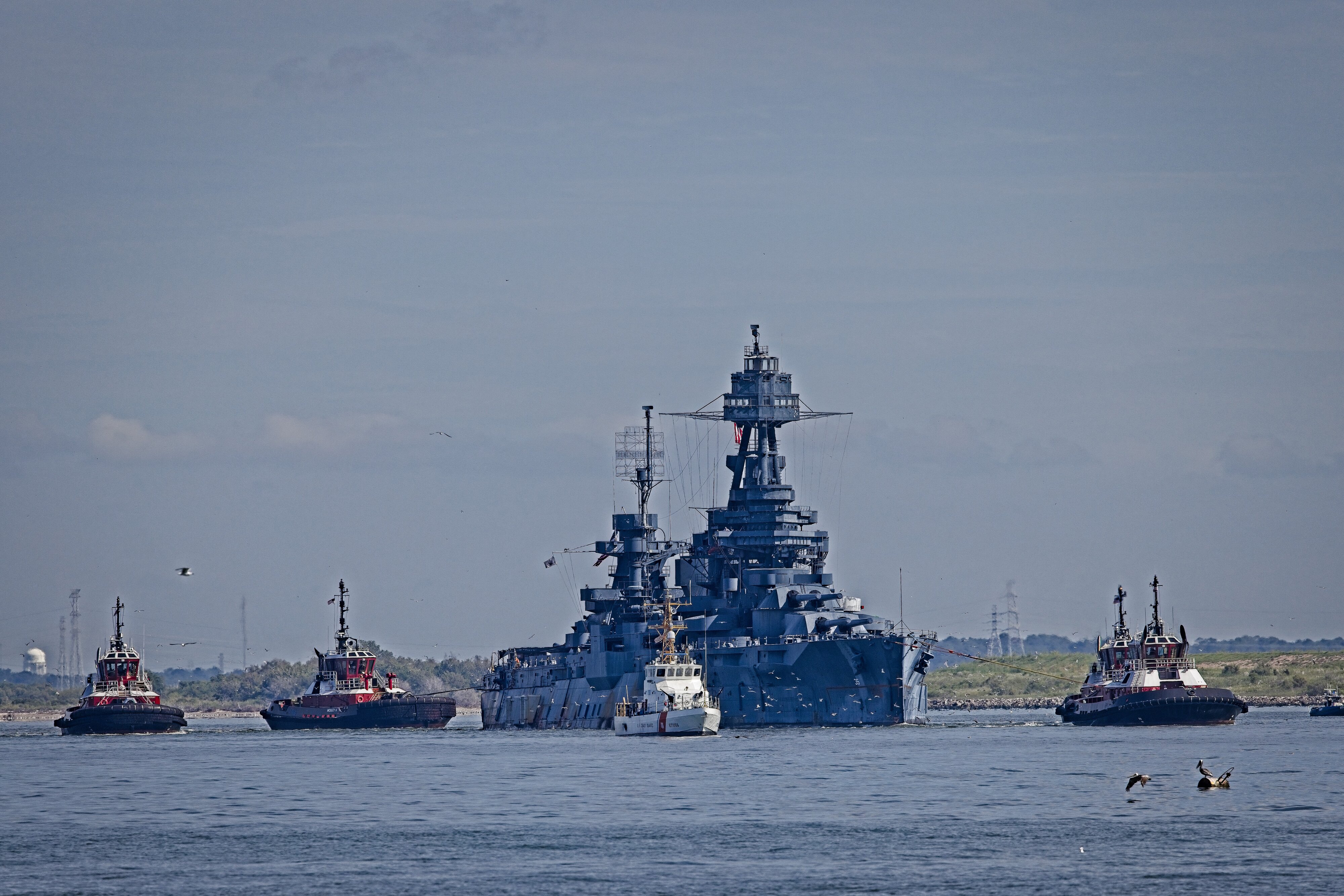 USCGC Hawk, tugs, and USS Texas BB-35 Upper Galveston Bay