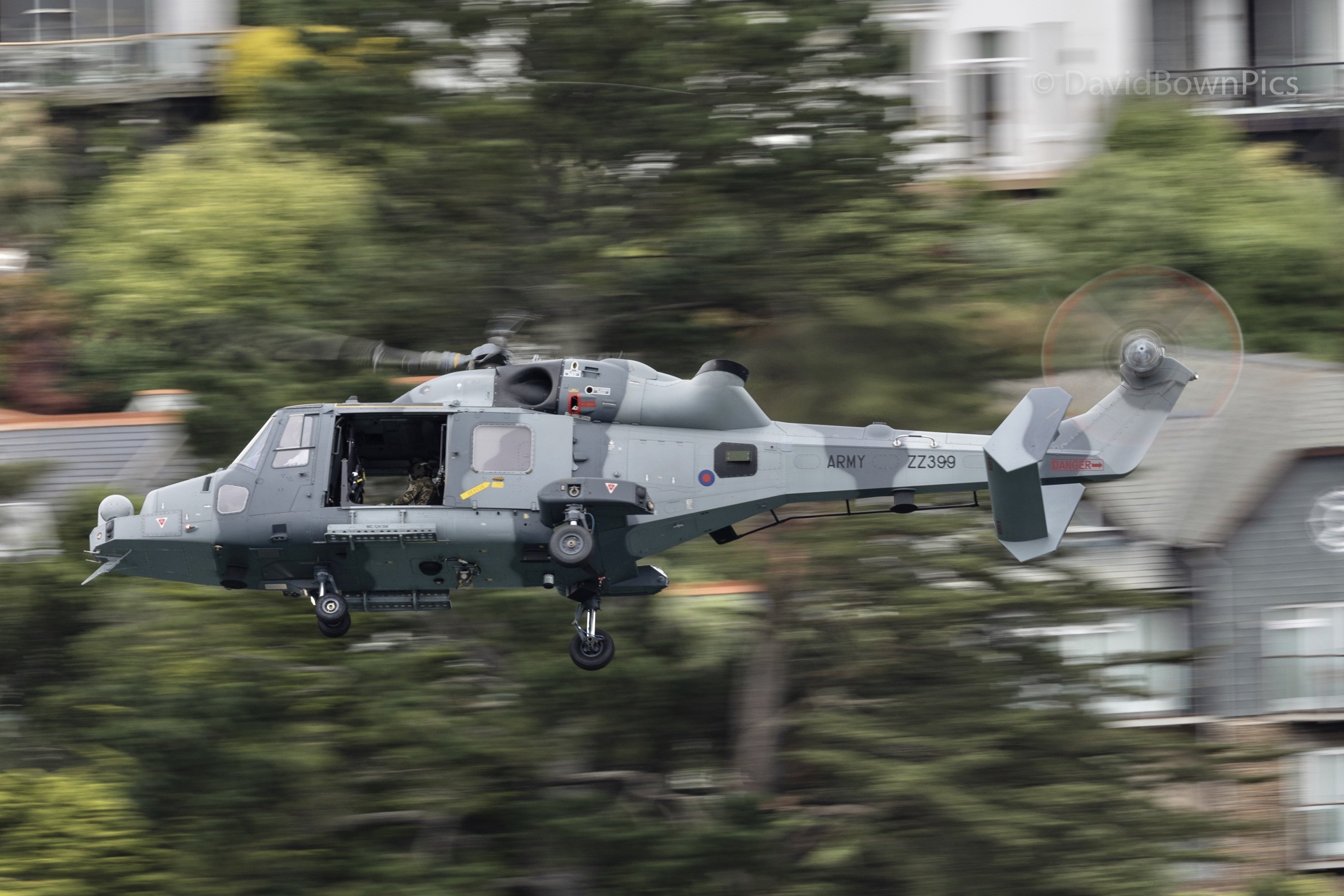 ZZ399 Royal Navy Wildcat low along the River Dart